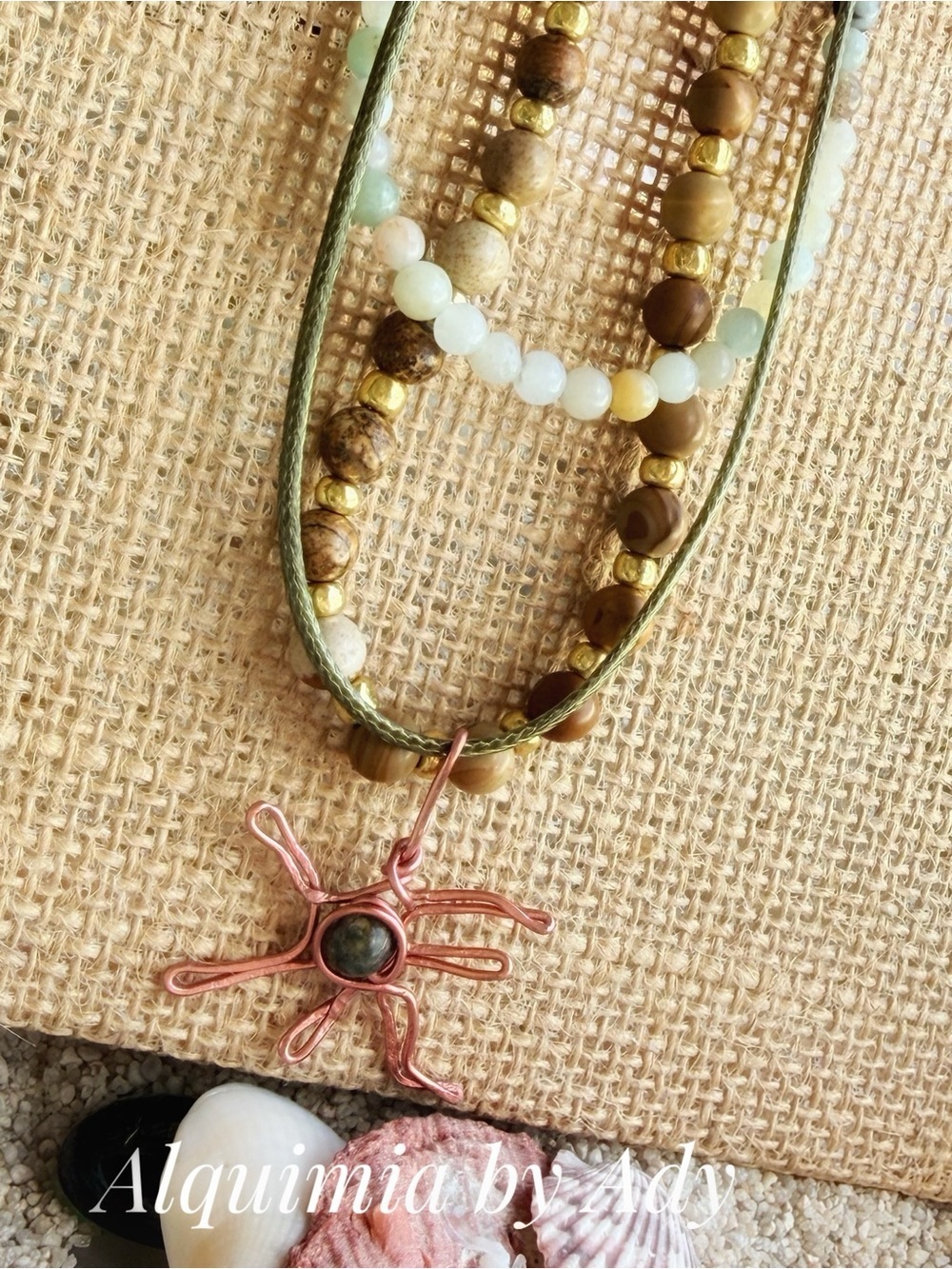 SEMIPRECIOUS GEMSTONES Necklace with Copper Sunburst Pendant LAYERED